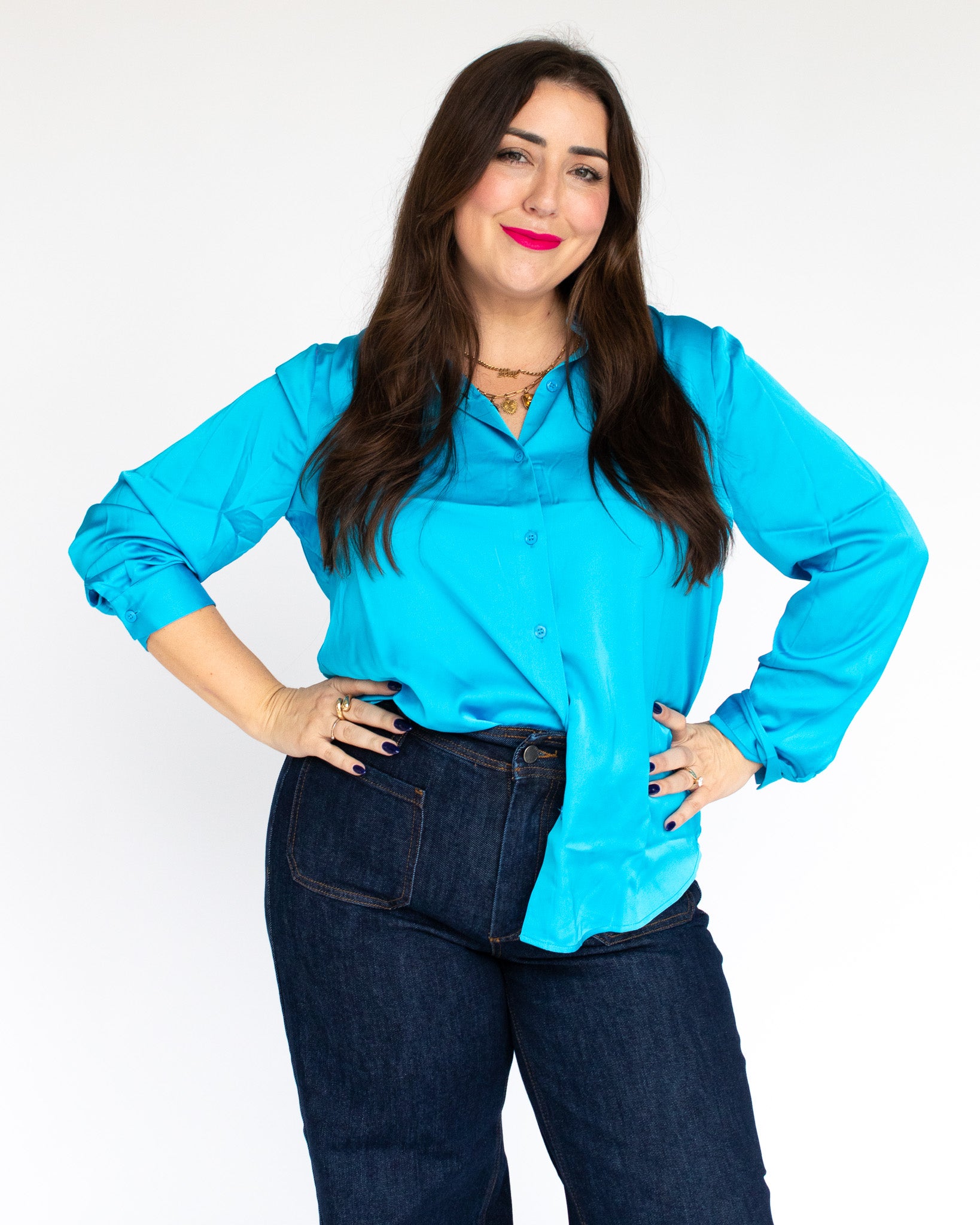 Bright Staple Satin Button Down - Vivid Blue