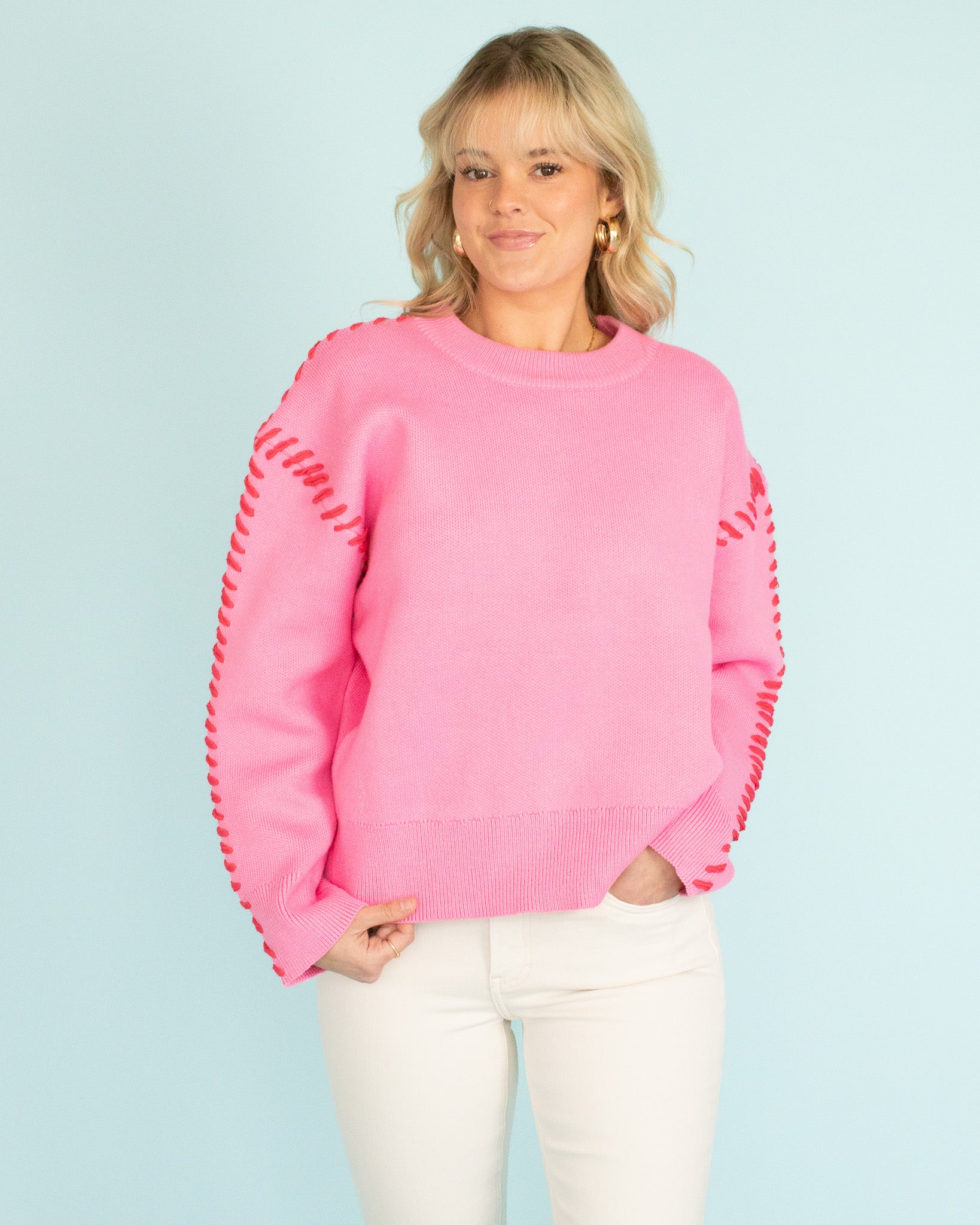Saved By A Stitch Sweater - Pink & Red