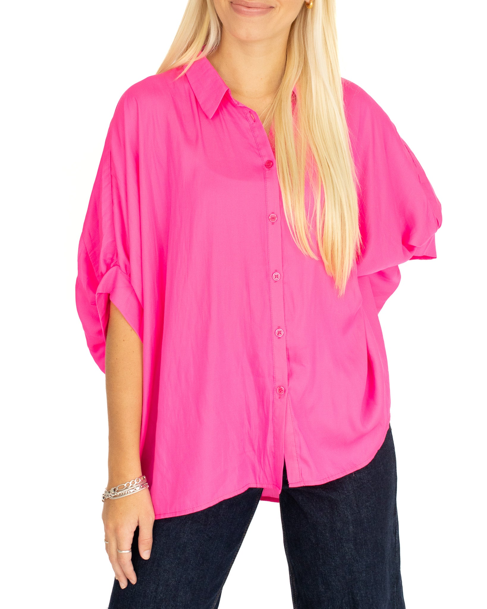 Satin Oversized Button Down - Hot Pink