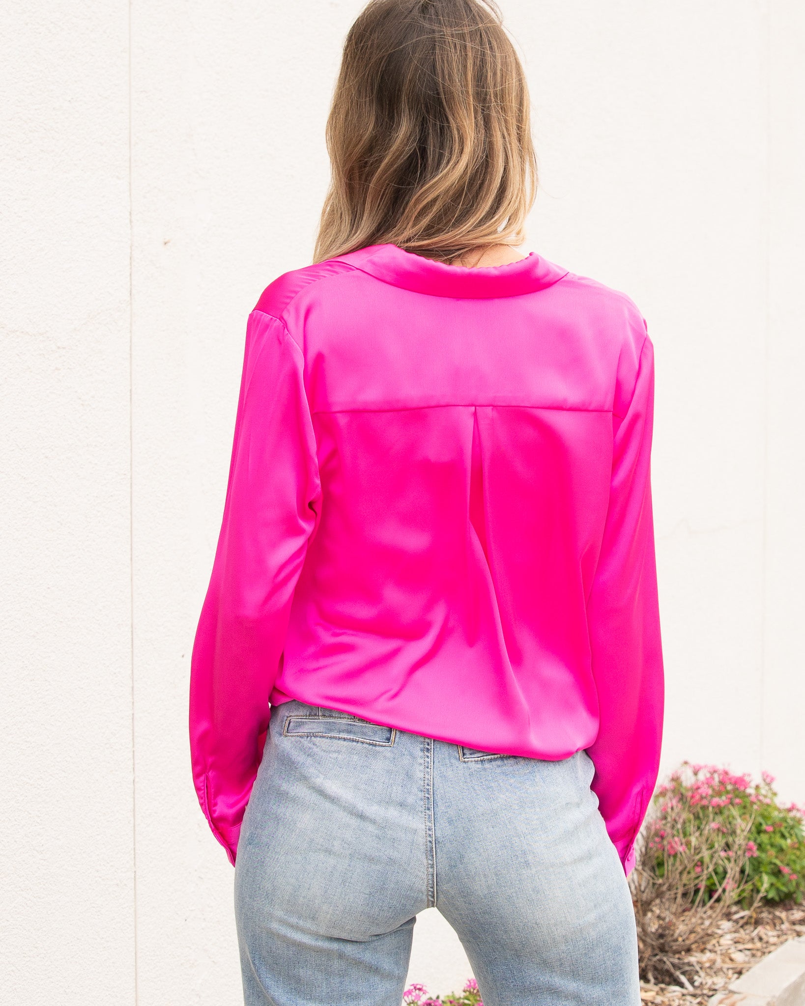 Bright Staple Satin Button Down - Hot Pink