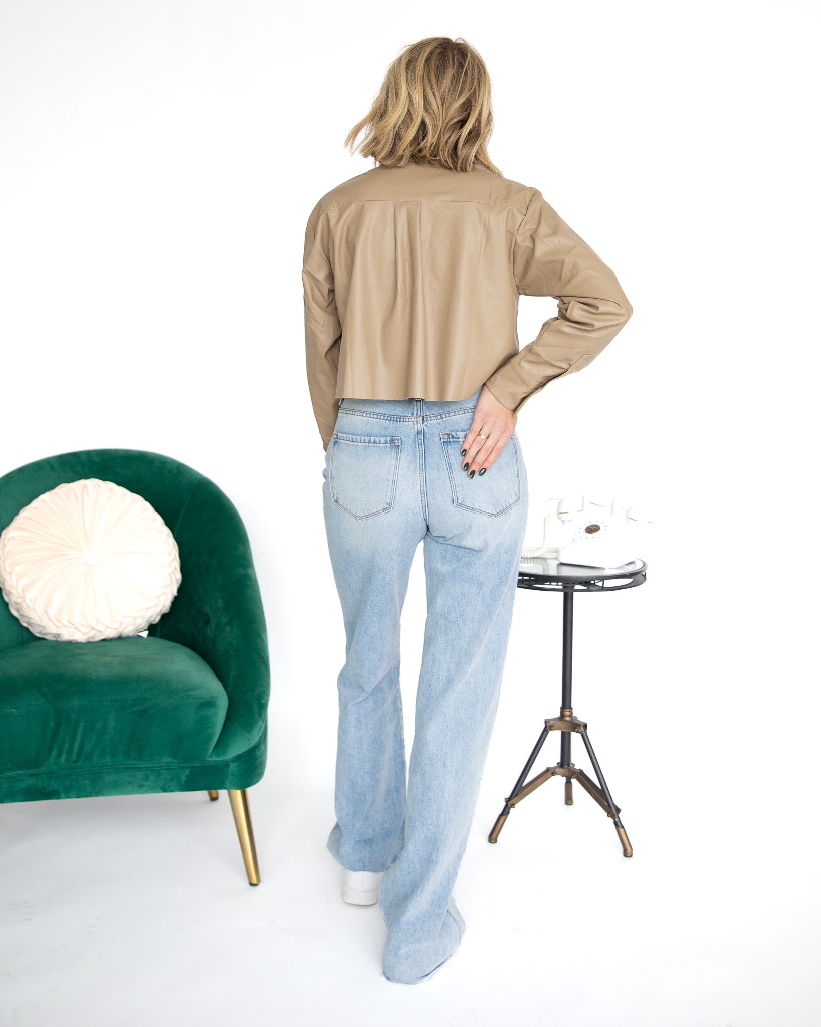 Button Up Leather Long Sleeve Crop
