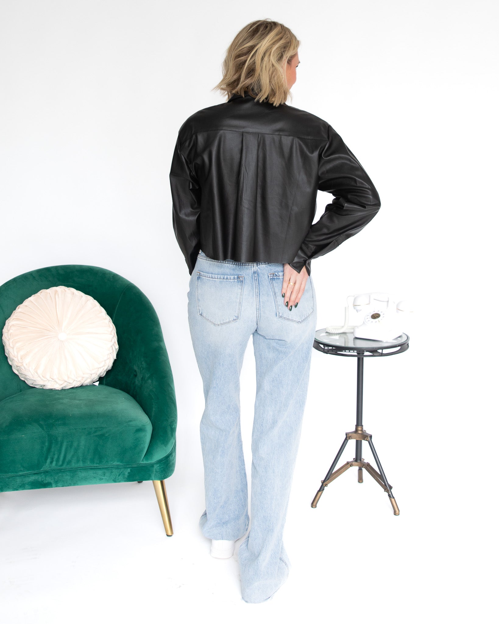 Button Up Leather Long Sleeve Crop