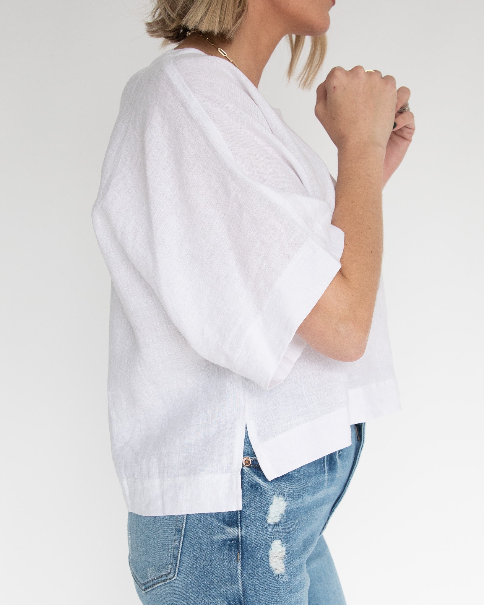 Linen Asymmetrical Hem Staple Top
