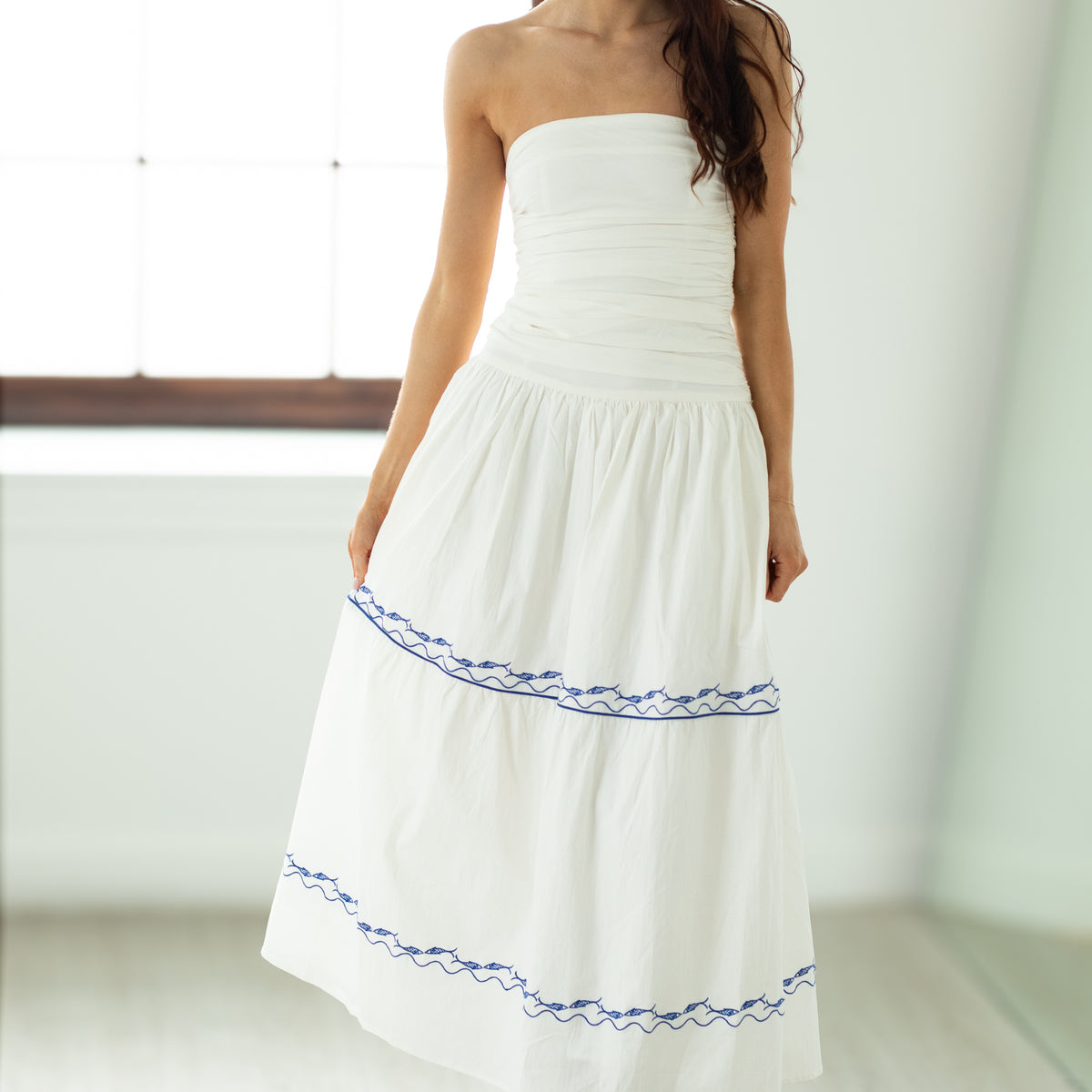 white strapless maxi dress Line + Dot Oia Dress – MAC Collection