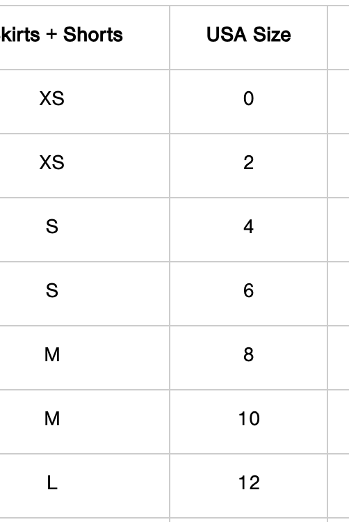 Table showing size chart for full-length jeans with measurements in USA sizes, natural waist, and low hip.