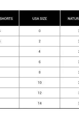 Measurement chart for full-length jeans, skirts, and shorts with size and waist measurements.