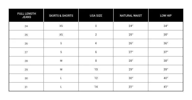 Measurement chart for full-length jeans, skirts, and shorts with size and waist measurements.