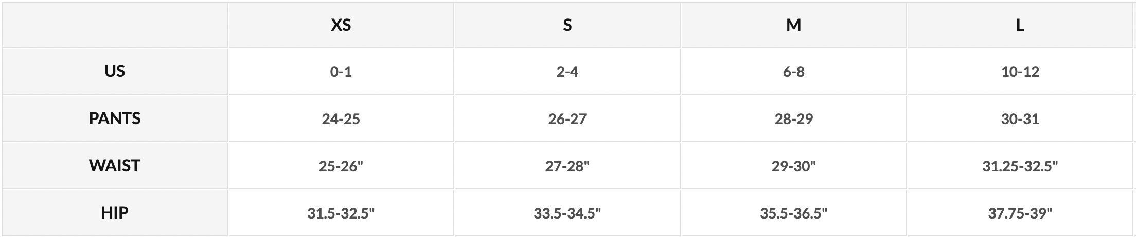 Size chart for pants with measurements in US, S, M, and L.