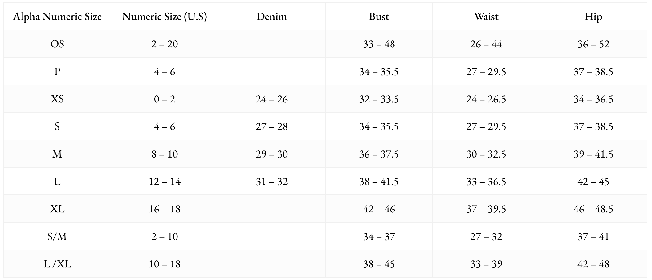 Size chart for denim clothing with numerical size ranges and corresponding measurements.