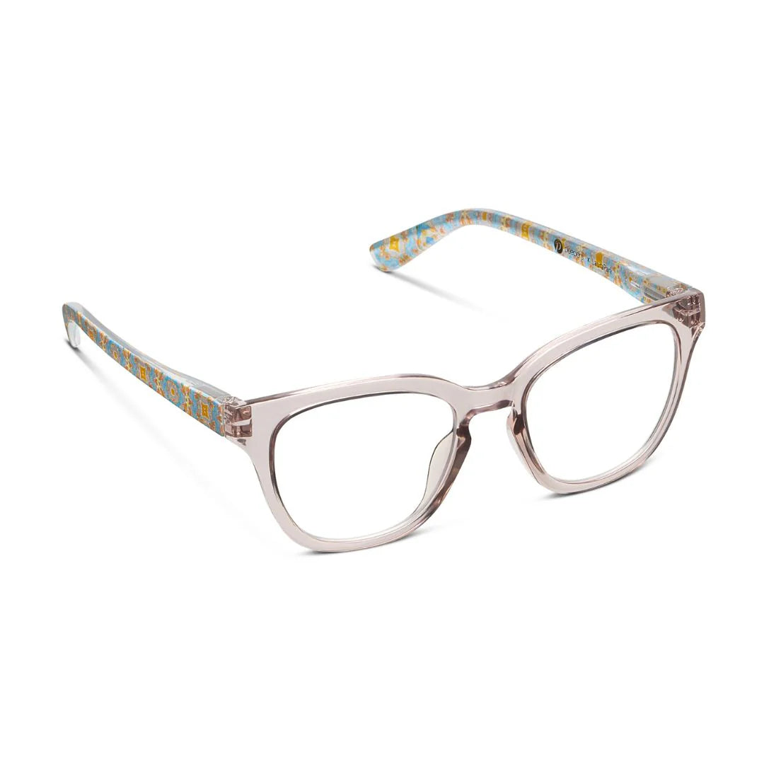 Cat-eye glasses with a patterned temple on a white background