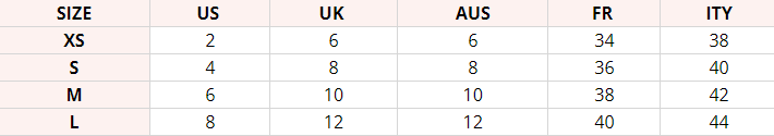 Size chart with US, UK, AUS, FR, and ITY measurements for various sizes.