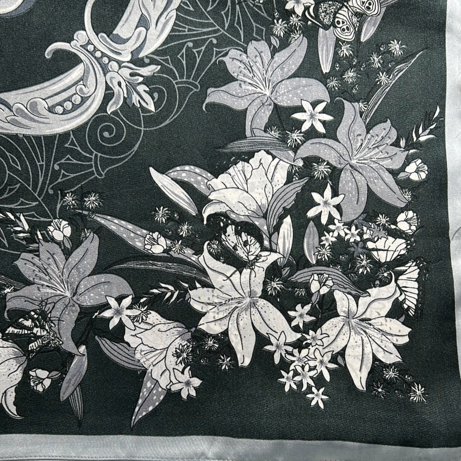 Black & White Floral Silk Scarf