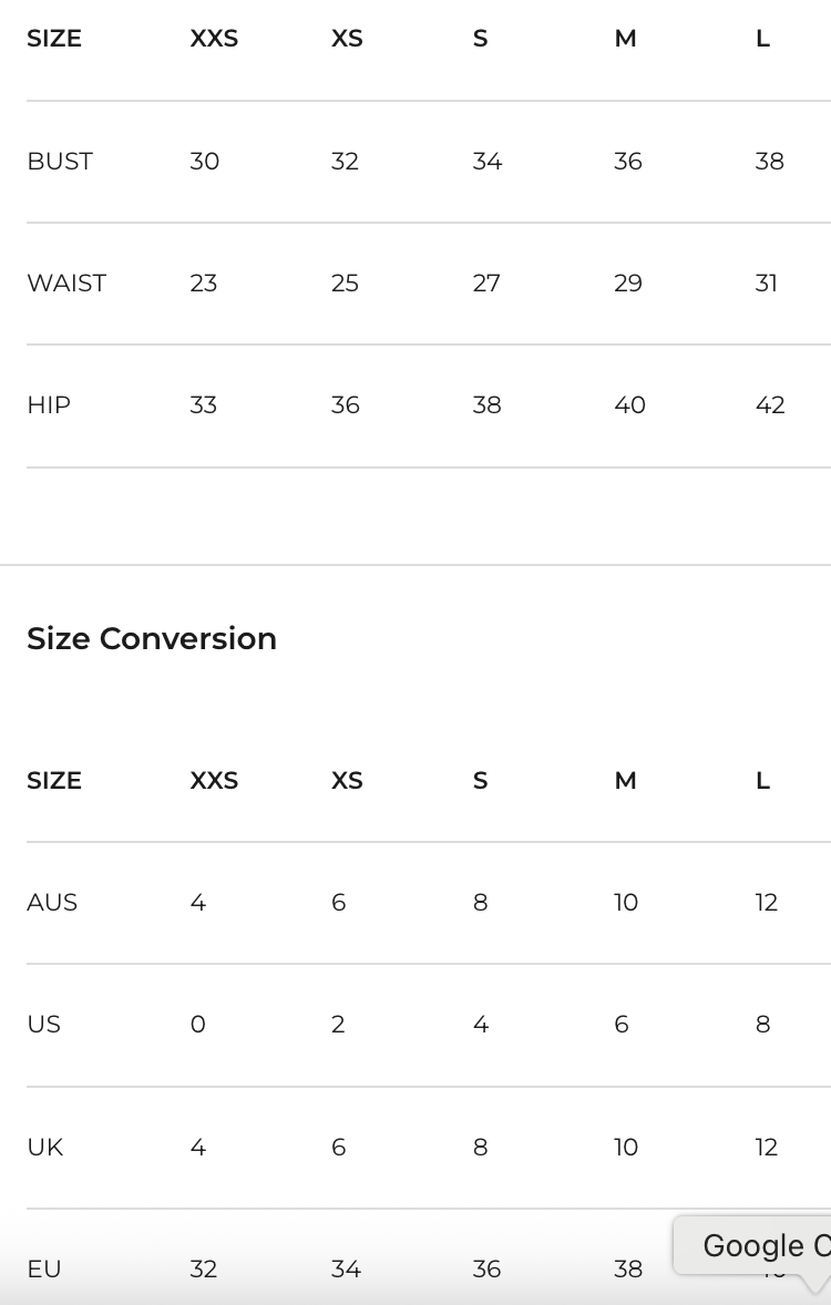 Size chart for a Elliatt Dandelione Mini Dress, showing size conversion between XXS, XS, S, M, L in inches for bust, waist, and hip measurements.