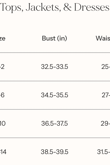 Size chart for tops, jackets, and dresses with measurements in inches.