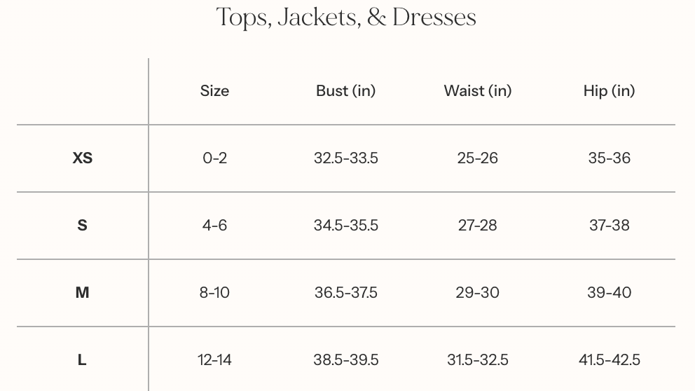 Size chart for tops, jackets, and dresses with measurements in inches.