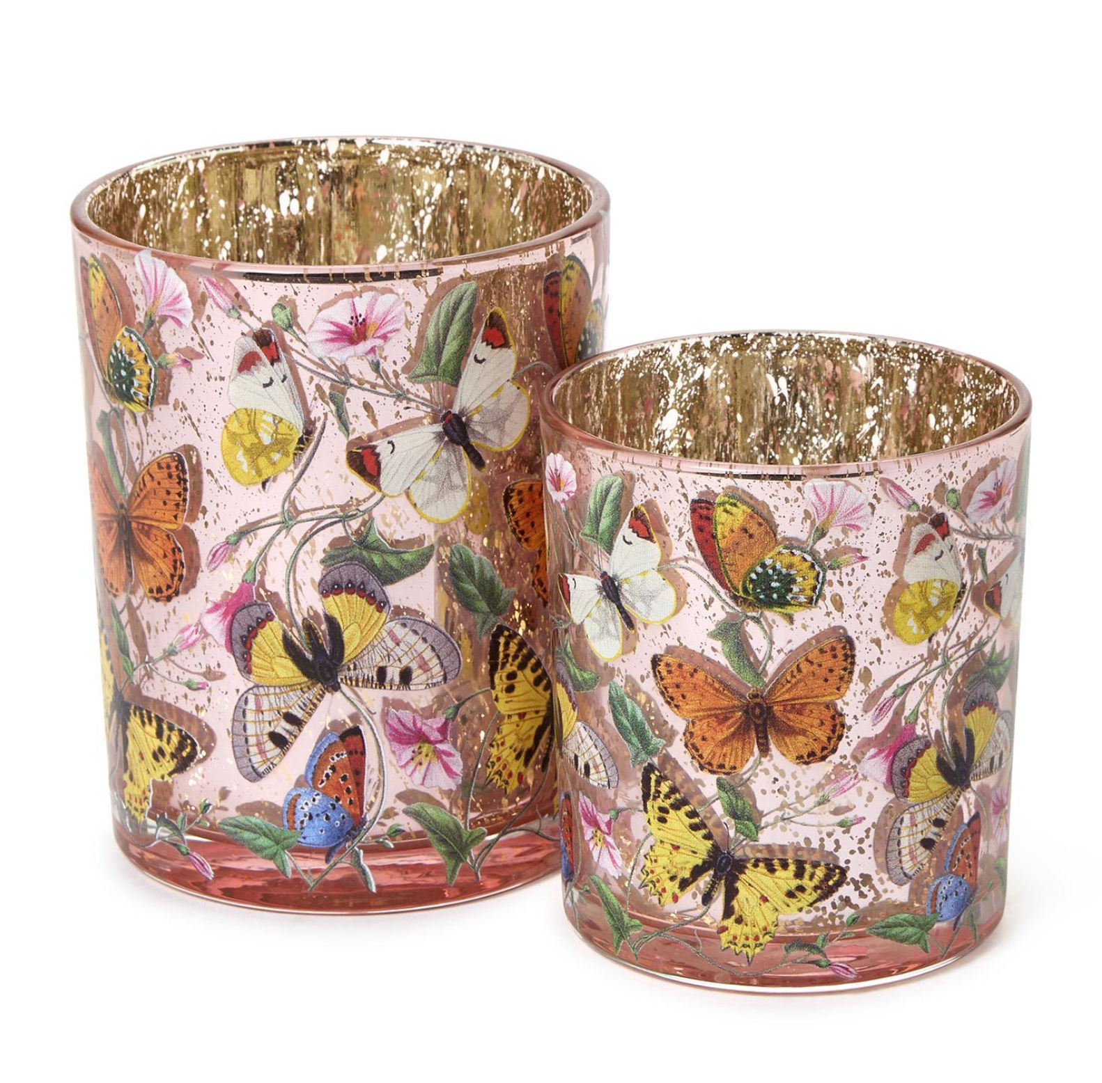 Two decorative glass tumblers with butterfly and floral design on a white background