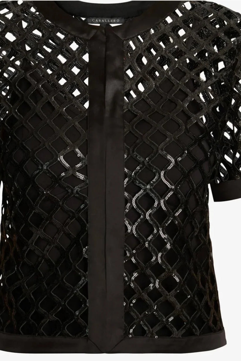 A black short-sleeve cropped jacket featuring an open lattice mesh pattern with a central satin tie detail and a matching satin hem, shown against a plain white background.