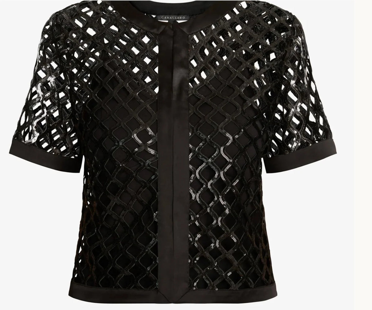 A black short-sleeve cropped jacket featuring an open lattice mesh pattern with a central satin tie detail and a matching satin hem, shown against a plain white background.
