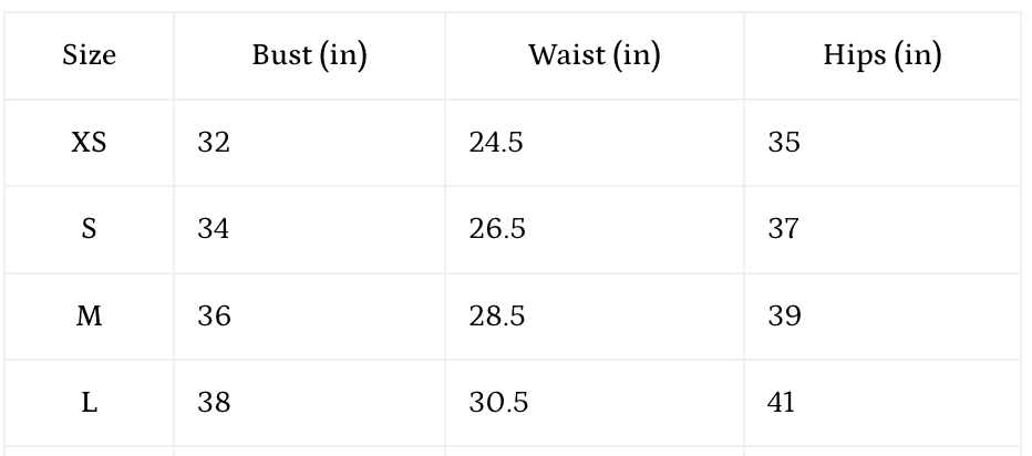Size chart for bust, waist, and hips with measurements in inches.