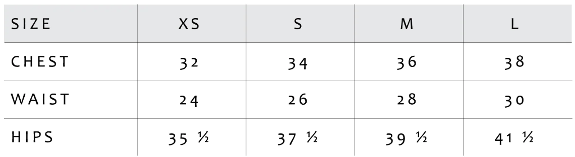 Size chart for clothing with chest, waist, and hips measurements in inches.