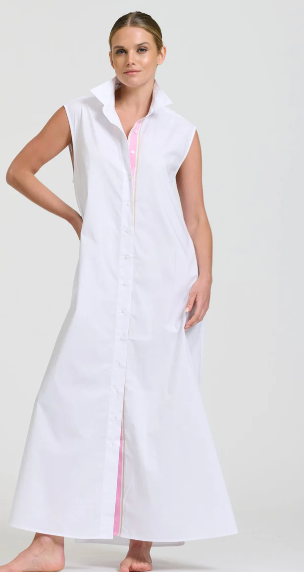 Woman wearing a white sleeveless dress with a pink zipper on a white background