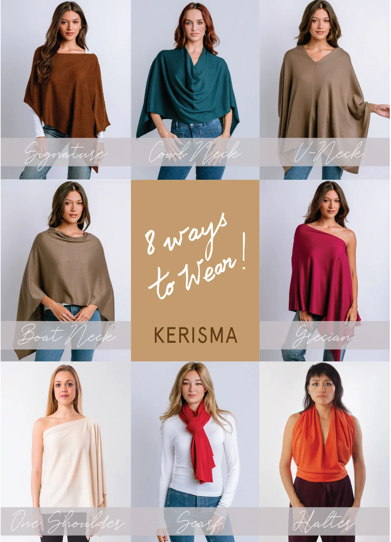 Collage of a woman wearing a Kerisma poncho in various styles on a white background.