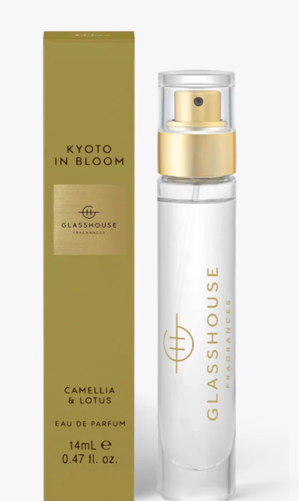 Glasshouse Kyoto in Bloom perfume bottle and packaging on a white background