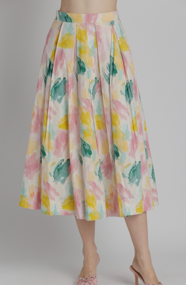 Skirt with pastel floral pattern on a plain background