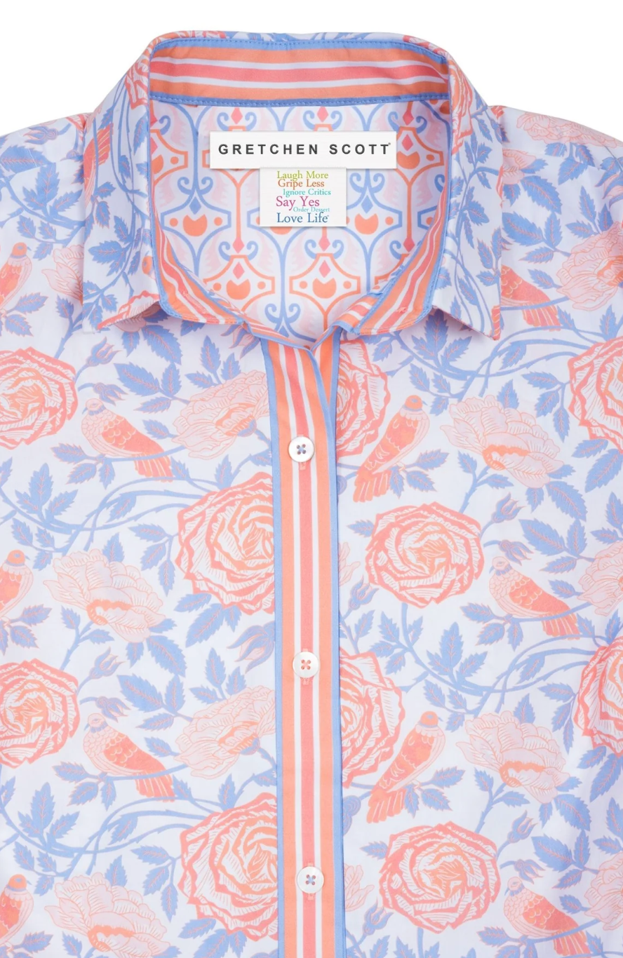 Floral patterned shirt with visible brand name 'Gretchen Scott' on collar.