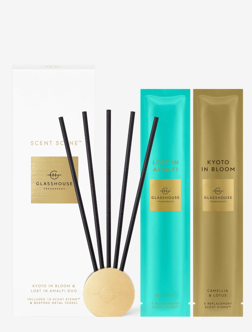Glasshouse Fragrances diffuser set with black sticks and packaging on a white background