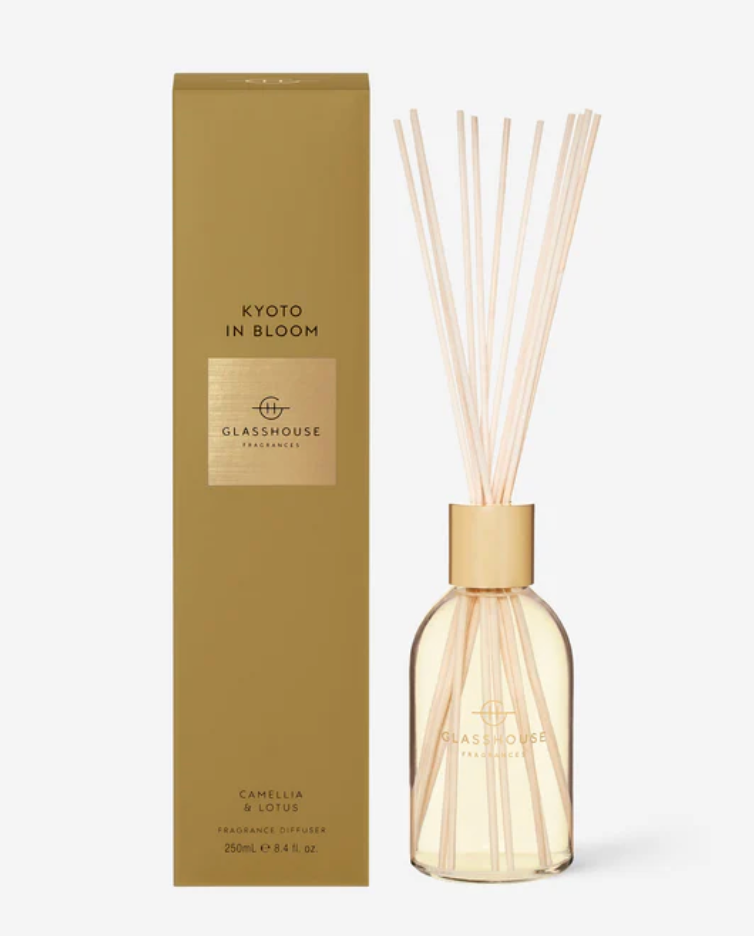 Glasshouse diffuser bottle and packaging with 'Kyoto in Bloom' text on a white background