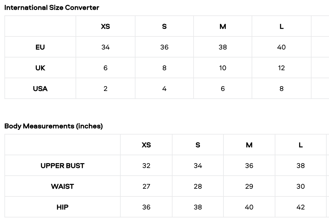 Size converter chart for EU, UK, and USA with corresponding measurements in inches.