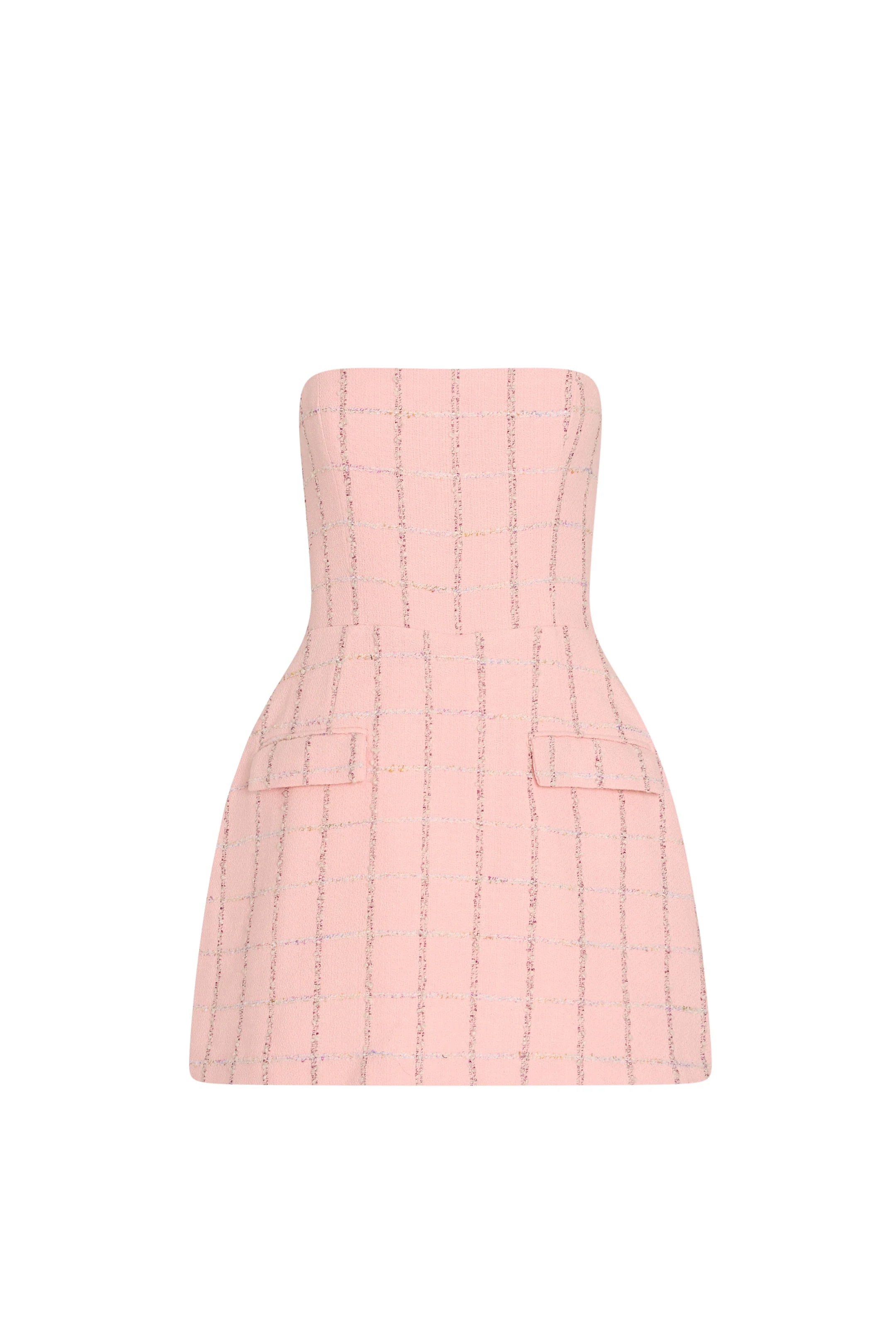 Pink strapless dress with a textured pattern on a white background