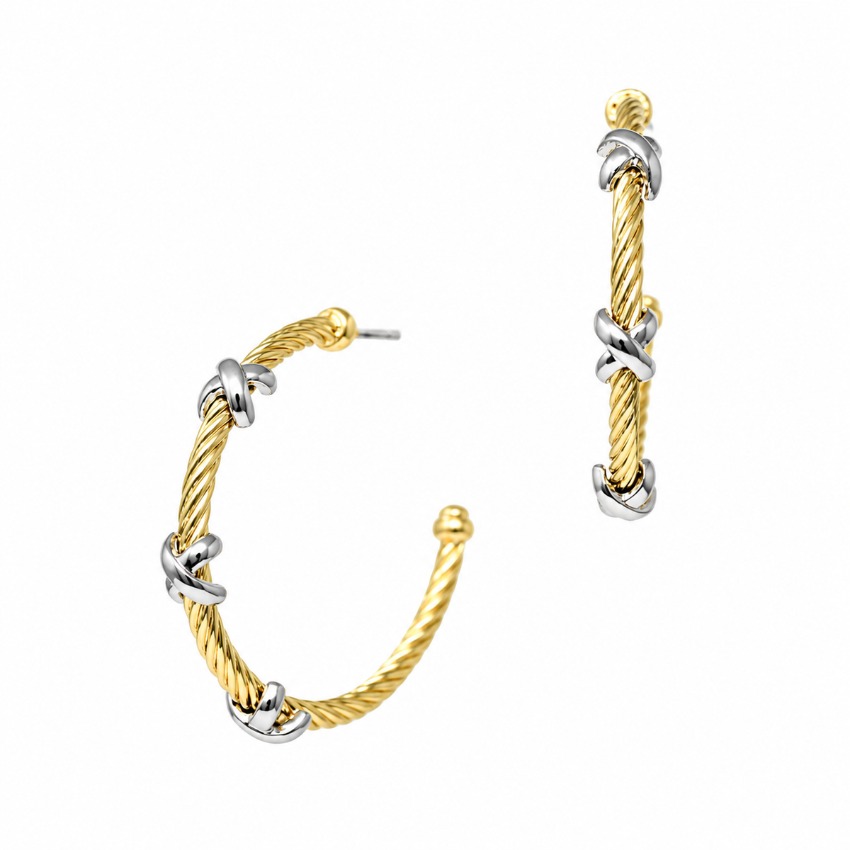 Two-piece gold and silver cable hoop earrings with twisted rope details and interlaced metal accents, shown on a plain white background.