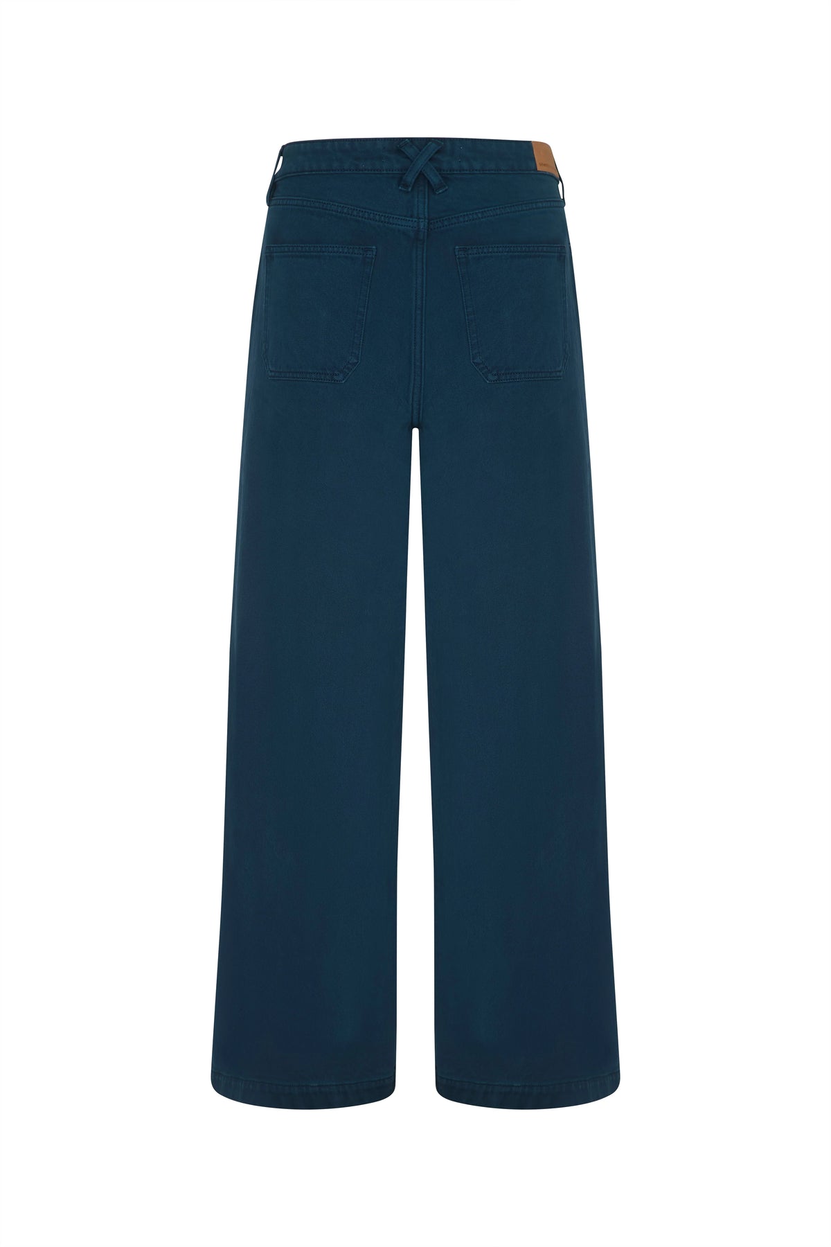 A pair of dark teal wide-leg cropped pants shown from the back against a plain white background.