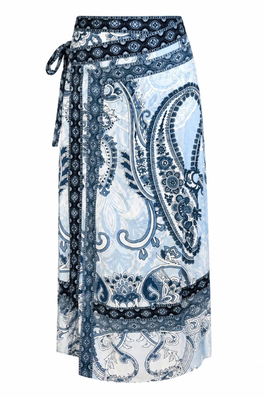 A wrap-style midi skirt featuring a blue and white paisley pattern with a matching tie belt at the waist, shown against a plain white background.