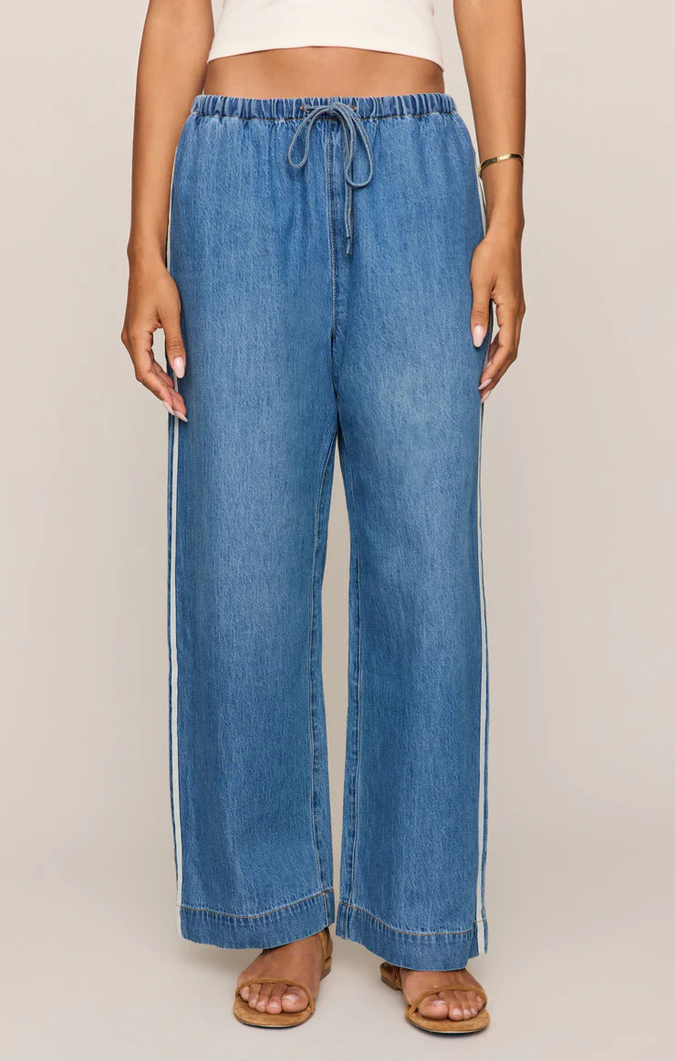 Blue denim wide-leg pants worn by a person on a plain background