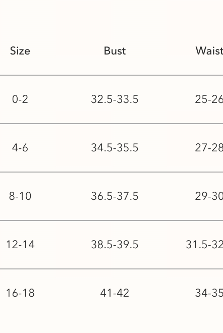 Size chart for Z Supply displaying size, bust, waist, and hip measurements for each size from XS to XL.