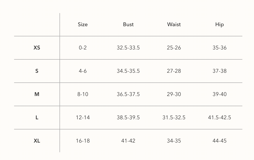 Size chart for Z Supply displaying size, bust, waist, and hip measurements for each size from XS to XL.