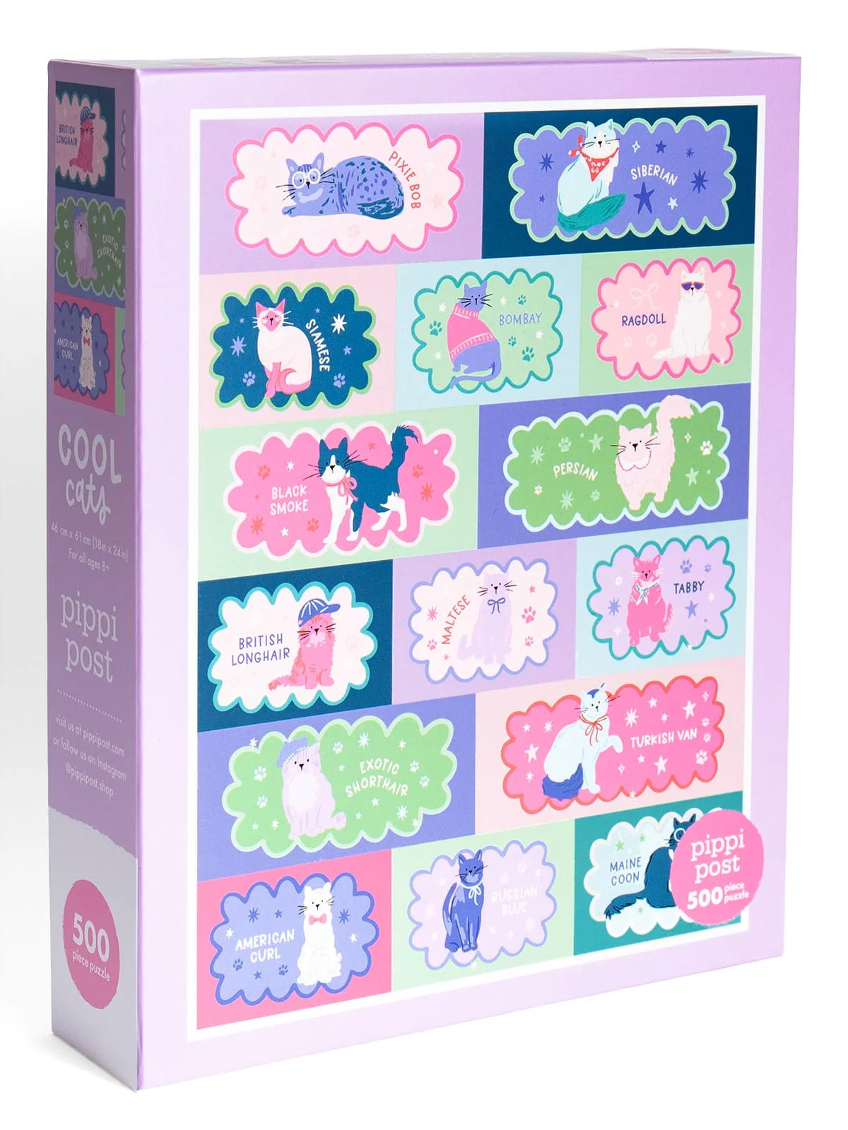 Box of stickers with colorful designs and text on a white background