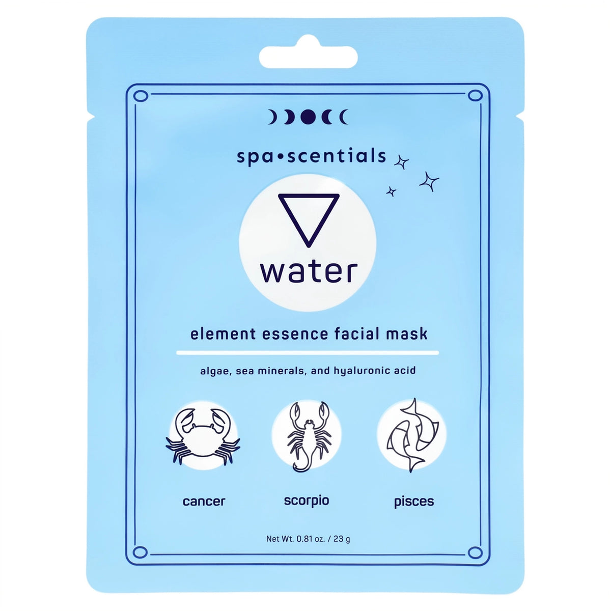 A light blue single-use sachet of spa•scentsials 'water' element essence facial mask, featuring astrological icons for Cancer, Scorpio, and Pisces.