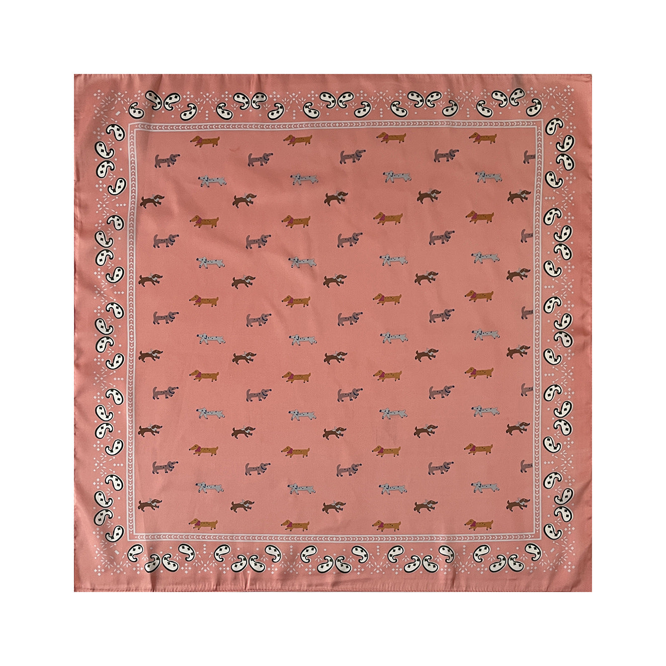 A square pink bandana featuring a repeating pattern of dachshunds and a decorative paisley border, displayed flat against a white background.