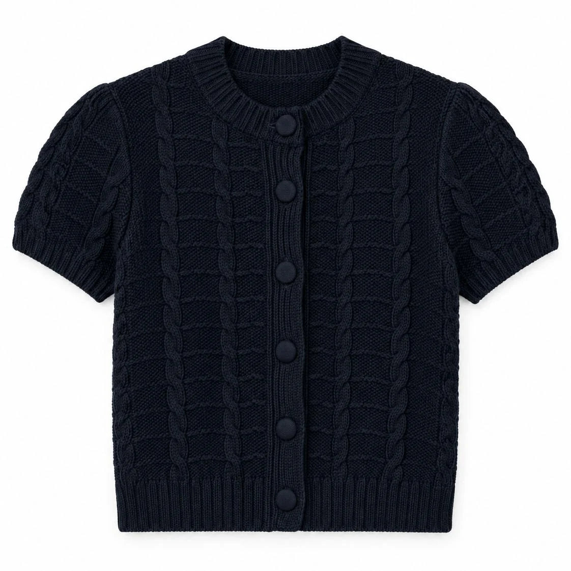 A navy blue short-sleeve cable-knit cardigan sweater with a button-up front, displayed flat against a solid white background.