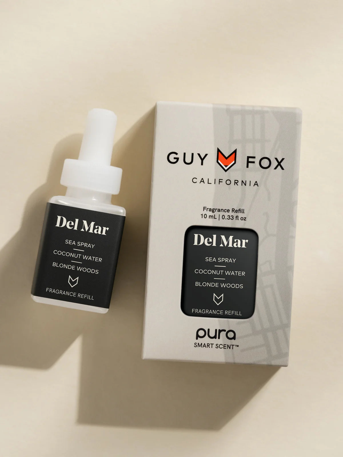 Guy Fox Del Mar Sea Spray fragrance refill bottle and packaging on a beige background