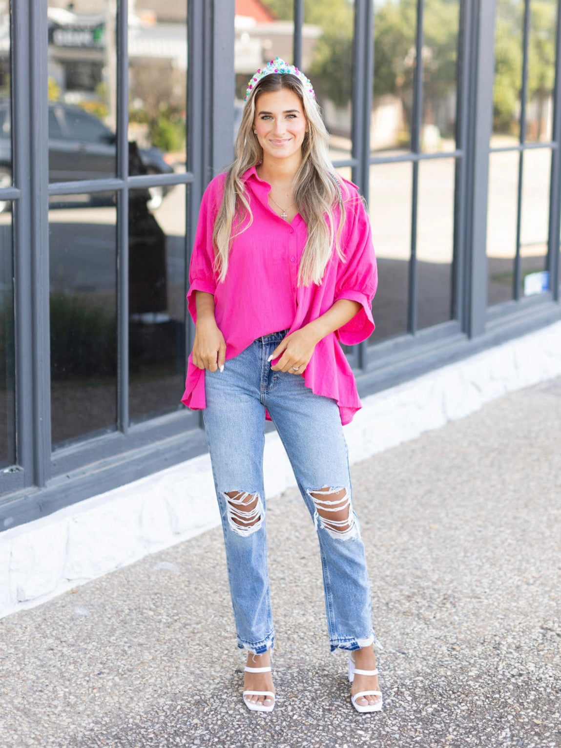 Satin Oversized Button Down - Hot Pink