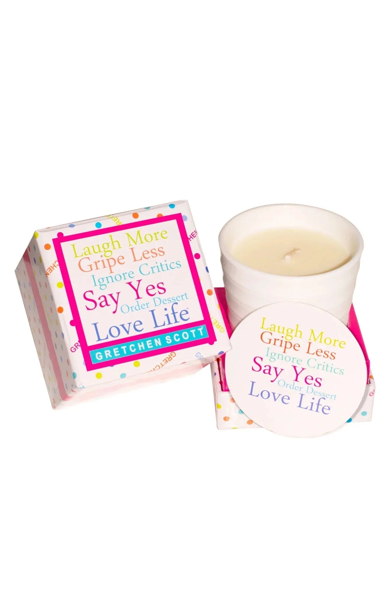 Candle with motivational quote packaging on a white background