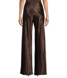 A pair of high-waisted, wide-leg trousers in a shiny, metallic dark brown satin fabric, shown on a model from the back against a plain white background.