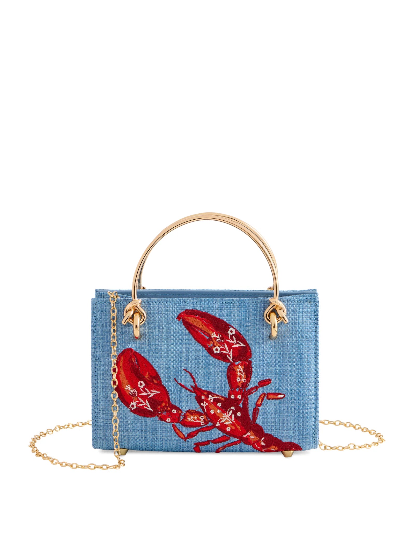 Blue handbag with a red lobster design on a white background