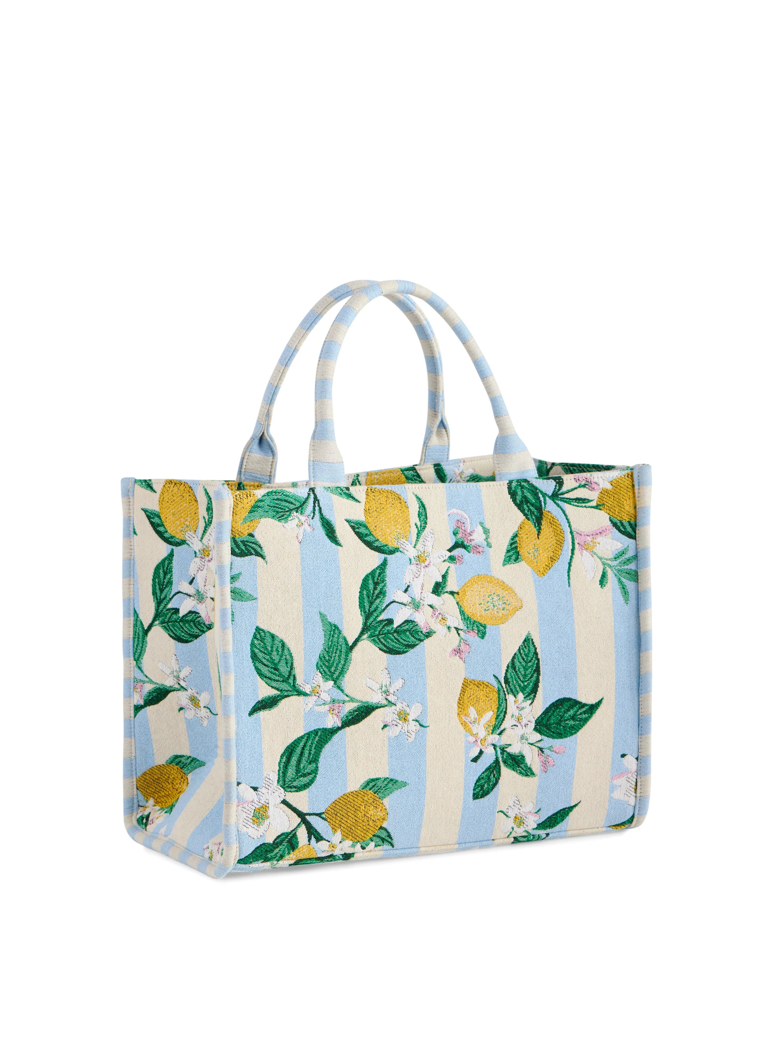 Tote bag with lemon and floral pattern on a white background
