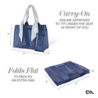 Blue carry-on bag with dimensions and airline approval text on a white background